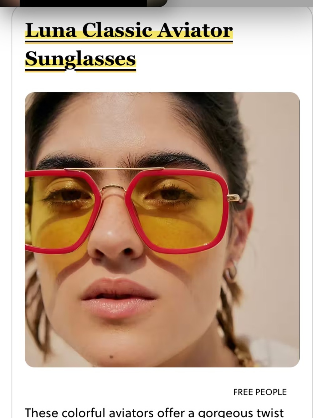 ISO (not for sale!): Free People Luna Sunglasses — Yellow Lenses with Red Frame